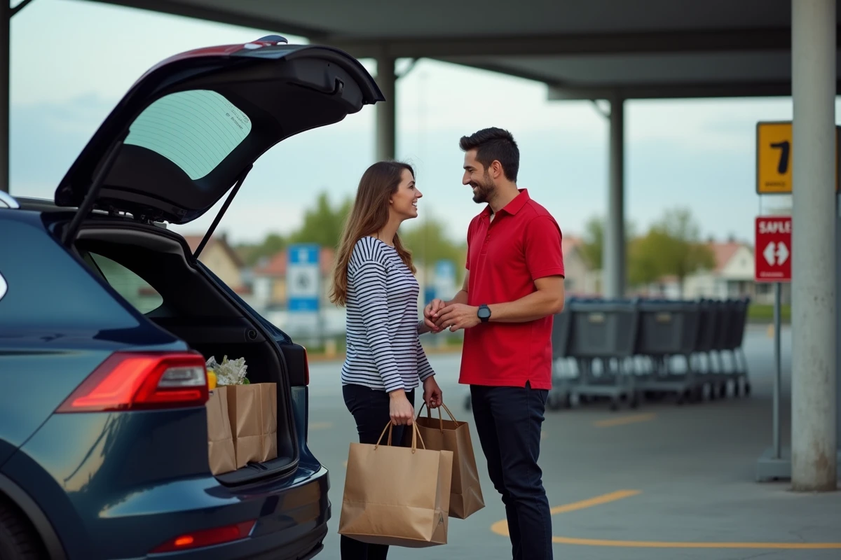 Cliente récupérant ses courses au Carrefour Drive après utilisation d'un code promo avec livraison en coffre