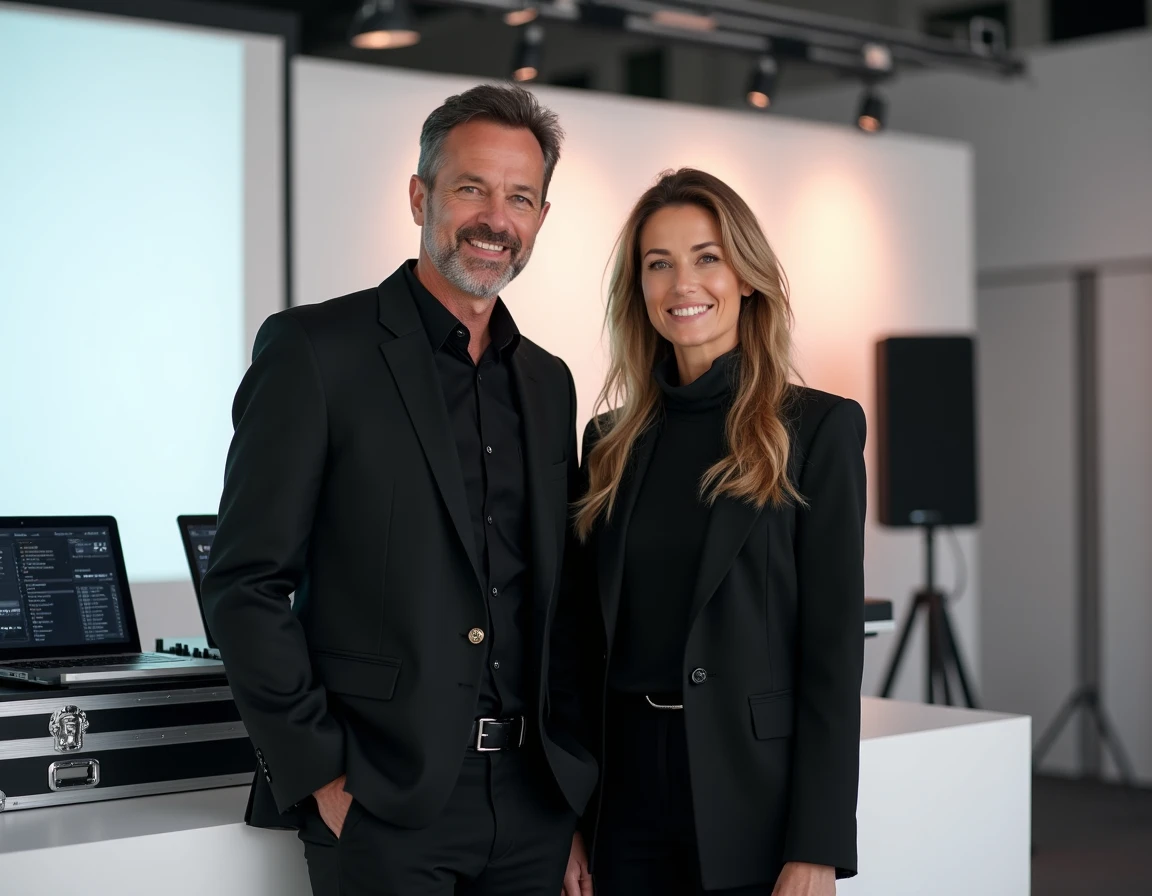 L'équipe de C'magic Production devant leur installation DJ et sonorisation professionnelle lors d'un événement corporate à Bordeaux
