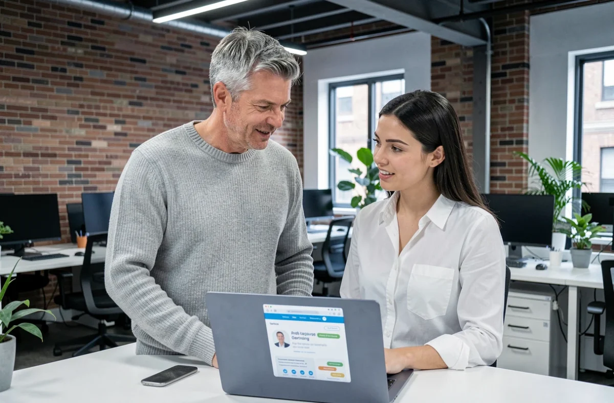 Deux collègues discutant des nuances de la langue anglaise devant un ordinateur portable dans un espace de coworking moderne