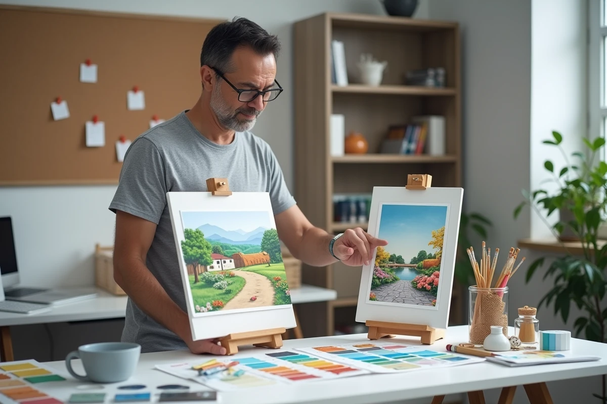 Homme comparant deux kits de peinture par numéros de niveaux différents sur un bureau de studio à domicile