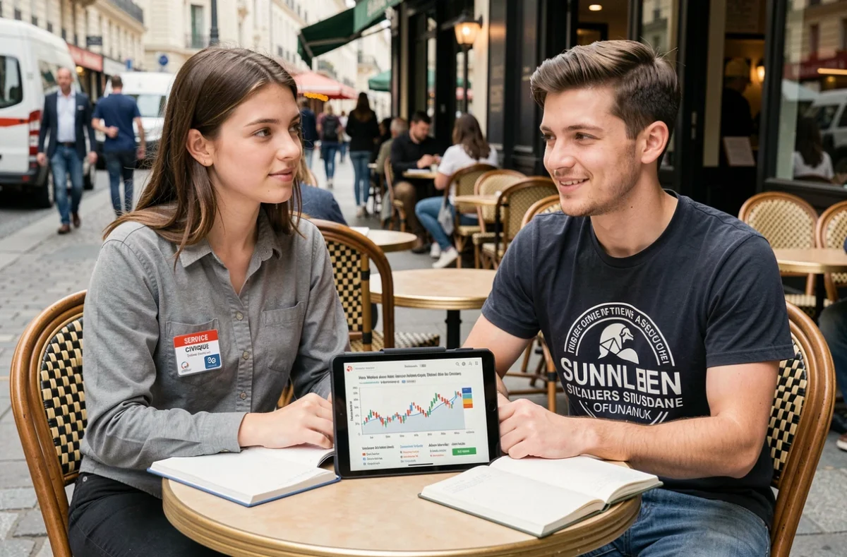 Deux jeunes adultes comparant la rémunération du Service Civique et le salaire étudiant en terrasse de café