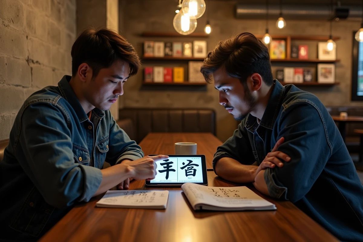 Deux hommes comparant des designs de tatouage kanji Gaara corrects et incorrects sur une tablette dans un café