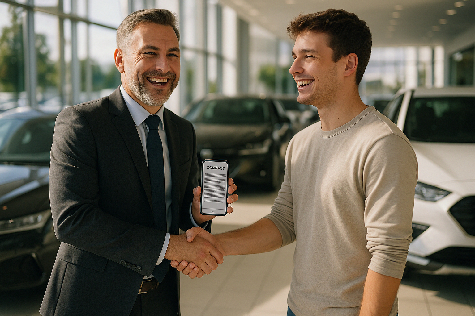 Vendeur de voitures souriant avec un client dans un showroom moderne