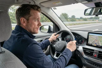 Conducteur dans une voiture européenne regardant un tableau de bord affichant des vitesses en mph et km/h