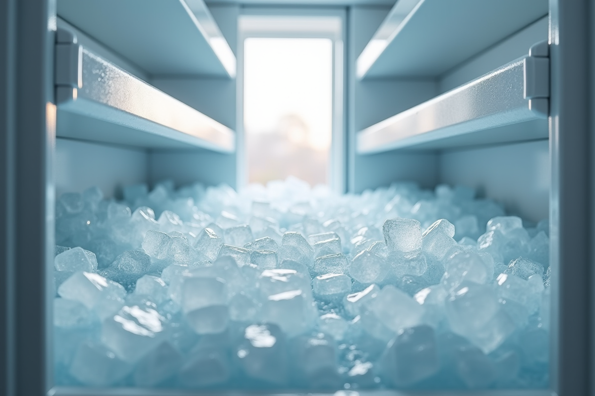 Congélateur ouvert avec glace fondante et intérieur propre lumineux