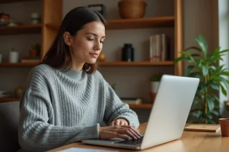 Femme utilisant un ordinateur portable en mode navigation privée depuis son bureau à domicile