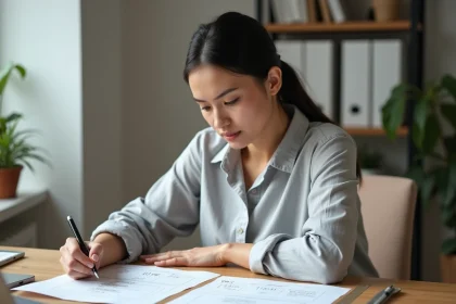 Femme calculant la conversion d'hectares en mètres carrés sur du papier quadrillé dans un bureau à domicile
