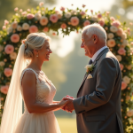Couple âgé échangeant leurs vœux sous une arche florale lors de leur 54e anniversaire