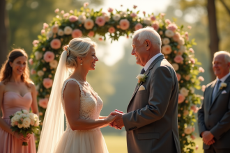 Couple âgé échangeant leurs vœux sous une arche florale lors de leur 54e anniversaire