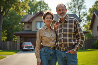 Couple canadien devant une maison de banlieue vintage
