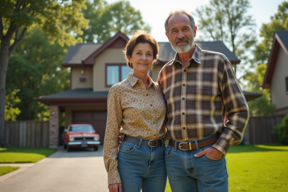Couple canadien devant une maison de banlieue vintage