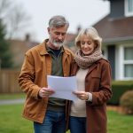 Couple d'adultes devant une maison en examinant des documents