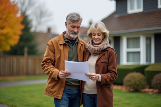 Couple d'adultes devant une maison en examinant des documents