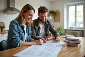 Jeune couple discutant plans dans une cuisine moderne