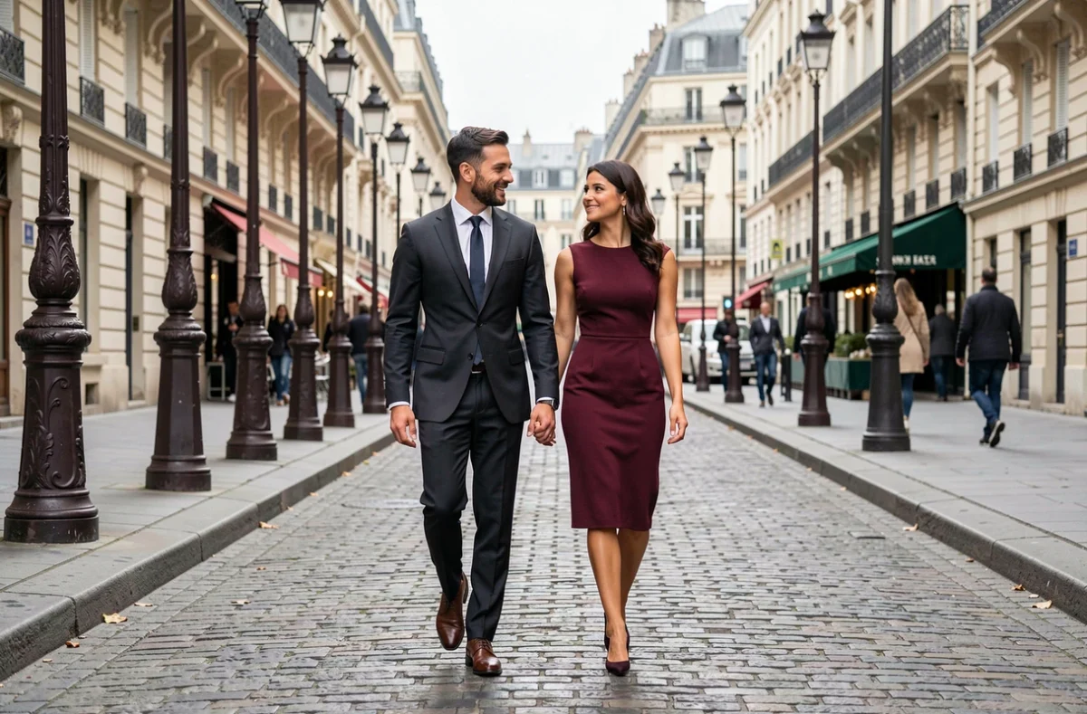 Couple élégant marchant dans une rue pavée parisienne, évoquant la vie publique et l'image médiatique d'un homme politique et de sa compagne