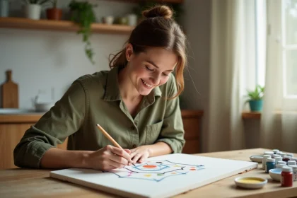 Femme débutante peignant par numéros avec un kit simple sur une table en bois dans une cuisine chaleureuse