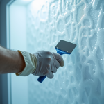Personne en gants utilisant une spatule pour enlever le givre du congélateur