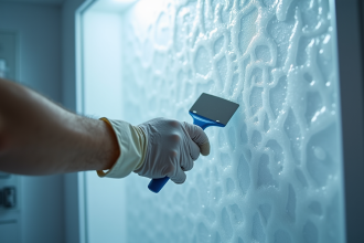 Personne en gants utilisant une spatule pour enlever le givre du congélateur