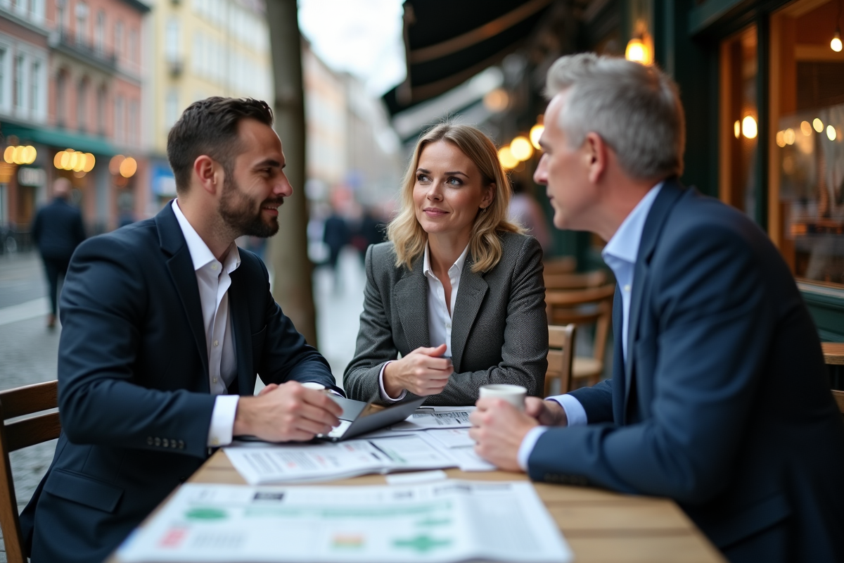 Groupe en discussion économique dans un café urbain