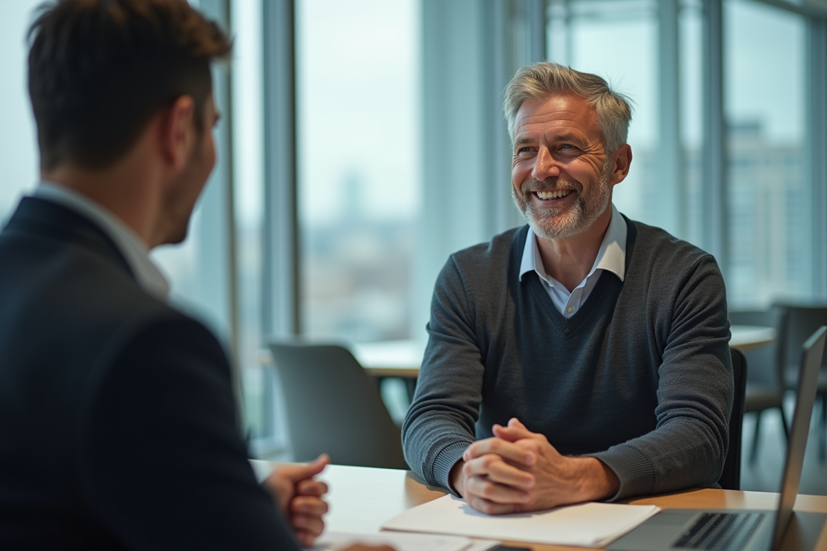 Homme et conseiller discutant de finances dans un bureau moderne