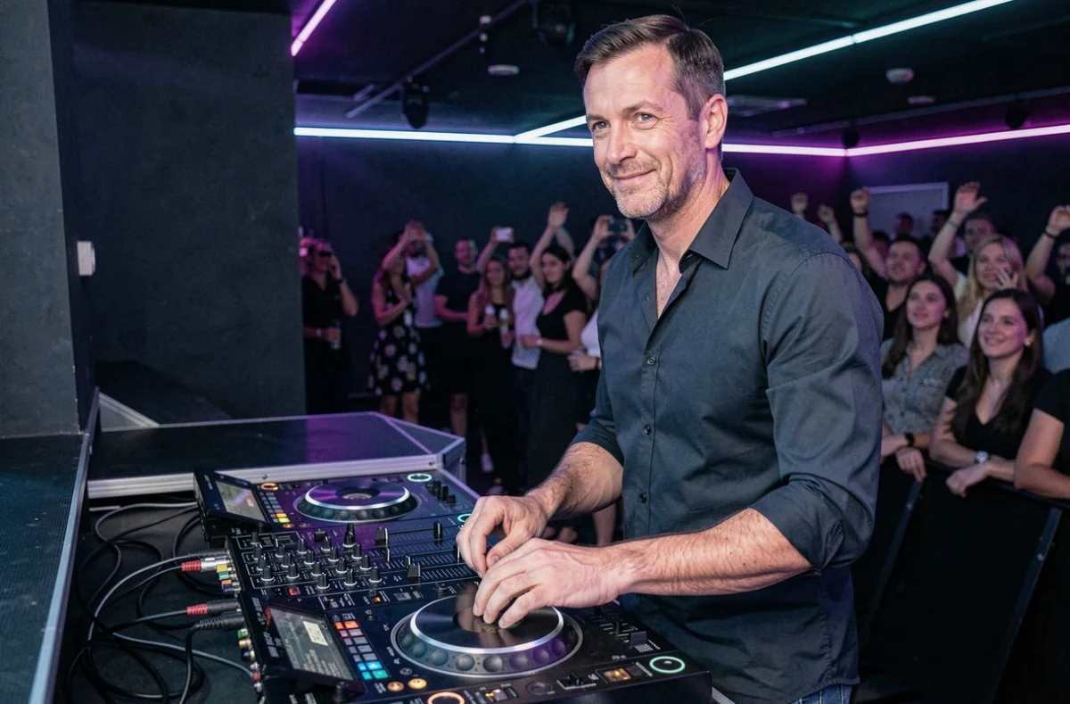 Goran-K en action sur une platine CDJ professionnelle dans un club moderne de Bordeaux lors d'une soirée électronique