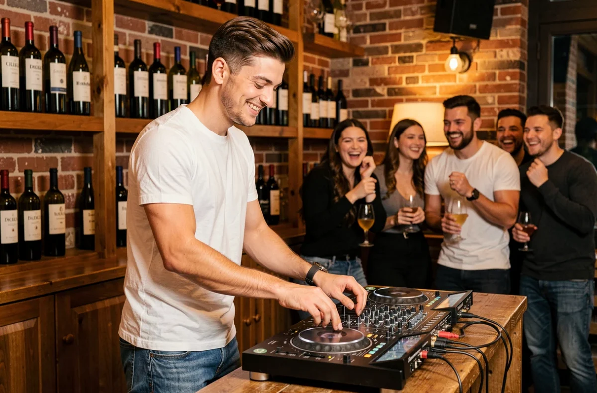 Hugo B mixant dans un bar à vin bordelais chaleureux avec murs en briques apparentes et bouteilles de Bordeaux en arrière-plan