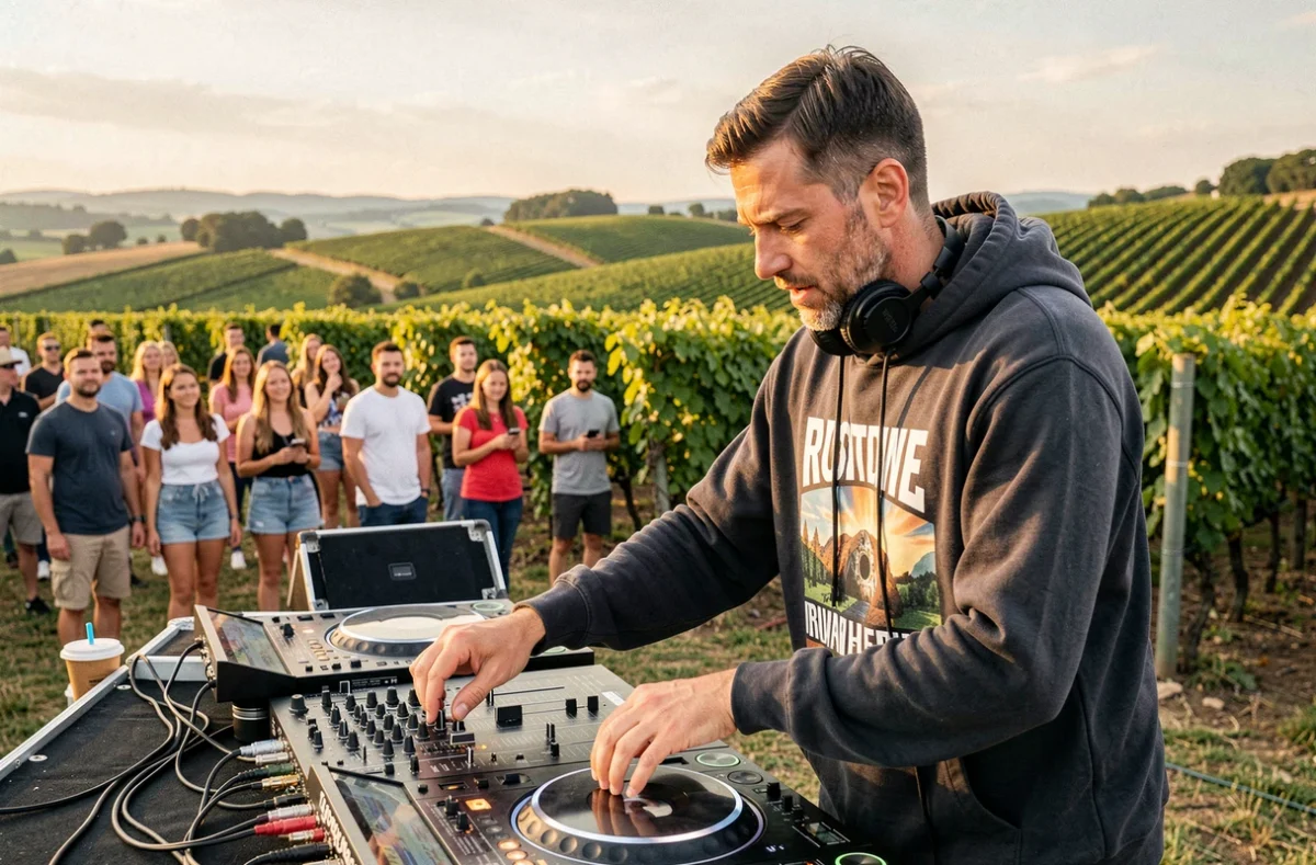 DJ Omega3 en pleine session de mixage lors d'un festival estival en plein air en Gironde avec des vignes en arrière-plan