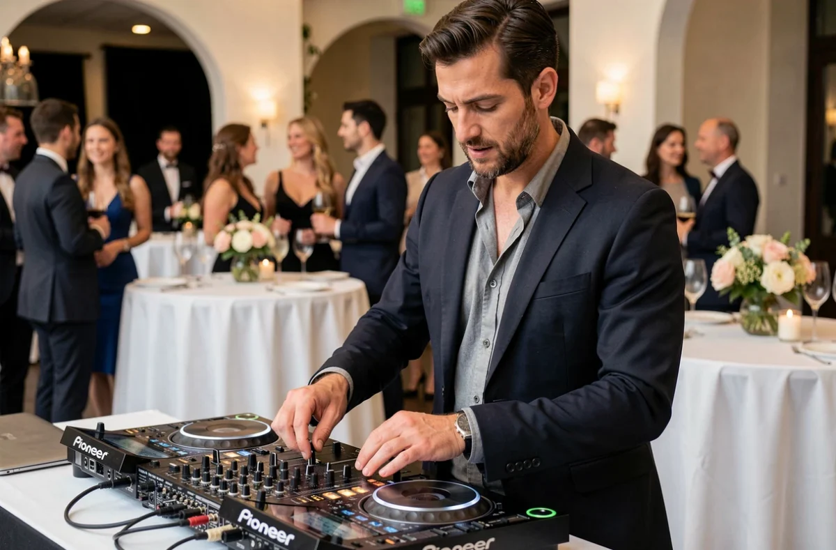 DJ Ramel en performance lors d'un événement privé élégant à Bordeaux, mains sur le contrôleur DJ, ambiance feutrée et raffinée en arrière-plan