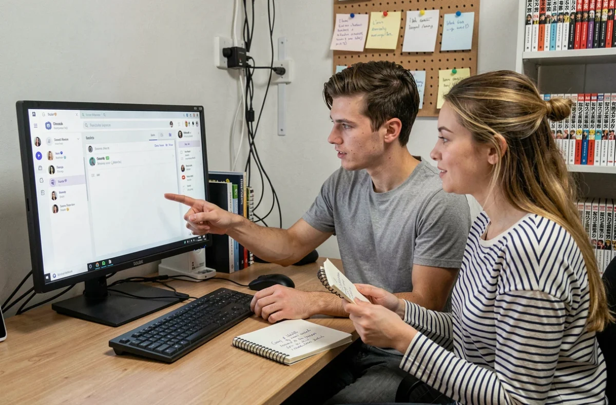 Deux amis cherchant ensemble comment accéder à un serveur Discord de scans manga sur ordinateur de bureau