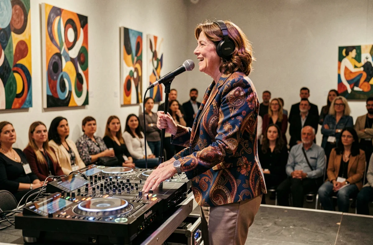 Elga Branco en performance sur scène dans un espace culturel de Bordeaux alliant mixage DJ et présence artistique expressive