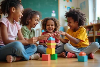 Groupe d'enfants jouant avec des blocs éducatifs dans une classe