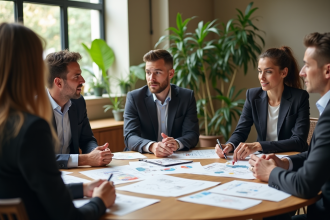 Groupe de jeunes professionnels en réunion éco-responsable