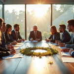Groupe de professionnels autour d'une table avec diagramme circulaire durable