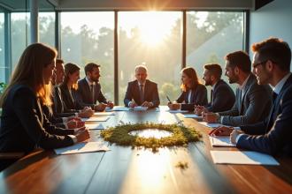 Groupe de professionnels autour d'une table avec diagramme circulaire durable