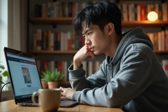Homme frustré devant un laptop affichant une erreur de chargement sur un site de lecture de manga comme Crunshy