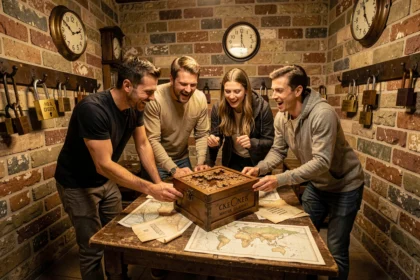 Groupe de joueurs résolvant des énigmes dans un escape game du Bas-Rhin, entourés de cadenas et de décors mystérieux