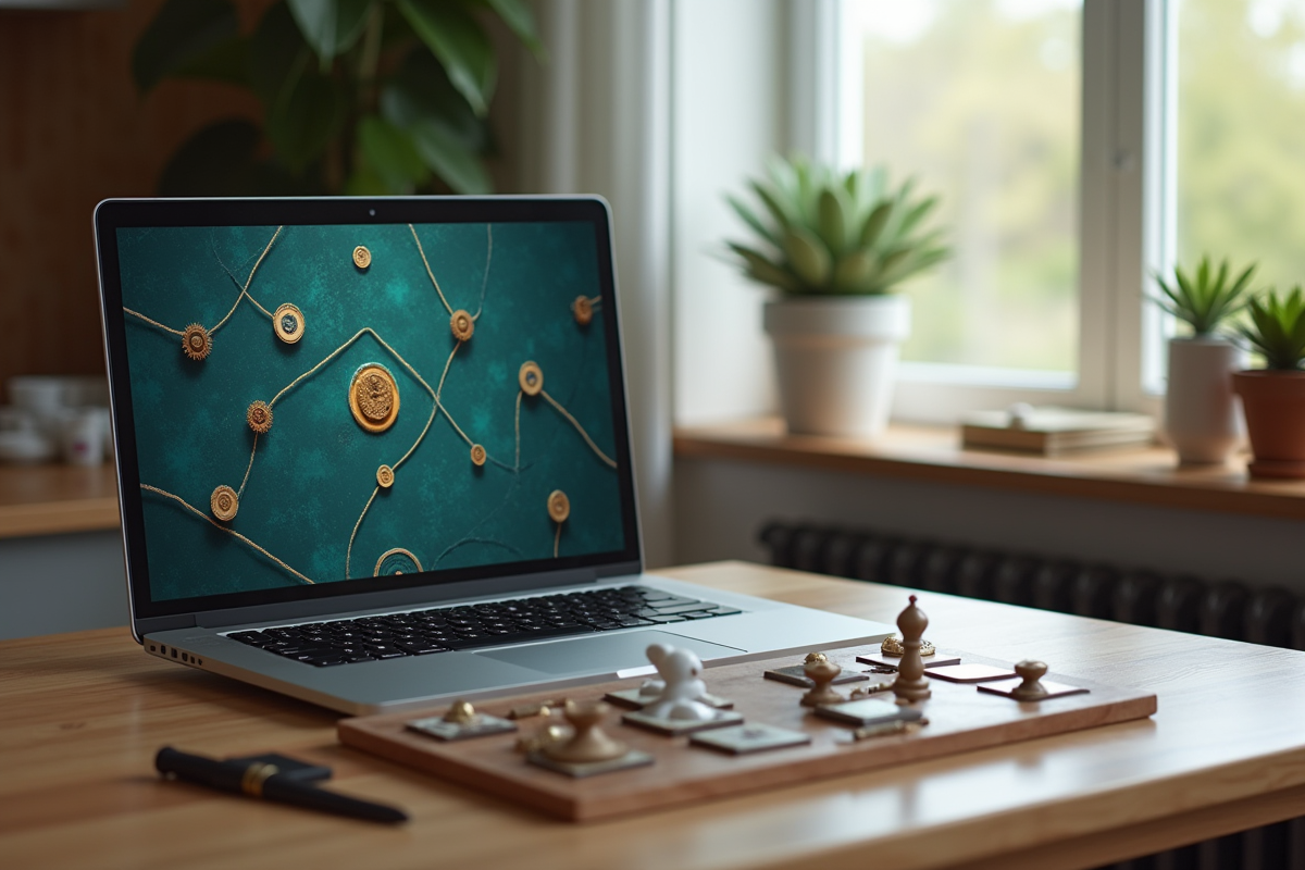 Espace de travail avec un jeu Azul numérique et un plateau physique