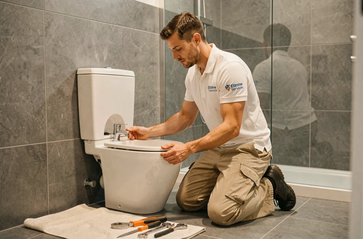Plombier Étienne Services réparant un mécanisme de chasse d'eau dans une salle de bain moderne lyonnaise