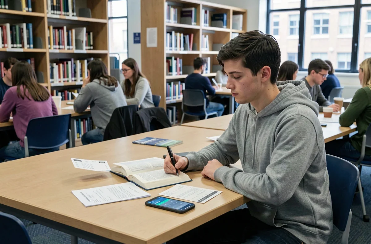 Étudiant comparant sa fiche de paie et son budget mensuel dans une bibliothèque universitaire