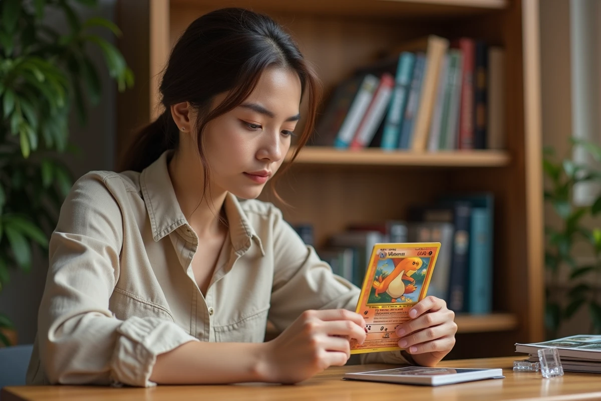 Femme collectionneure inspectant une carte Dracaufeu Pokémon rare à la loupe pour évaluer son état