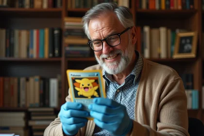 Expert en Pokémon tenant une carte rare dans un bureau chaleureux