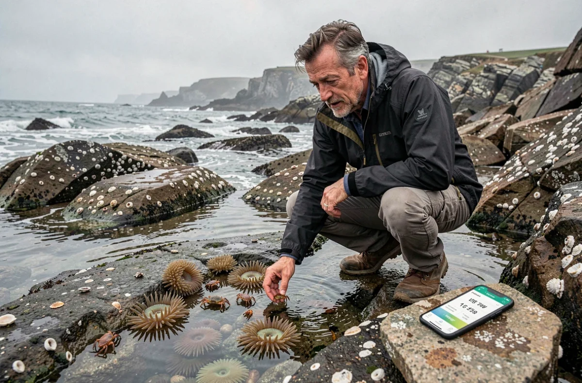 Homme explorant un bassin de marée rocheux à Anglet en consultant un tableau des marées sur smartphone
