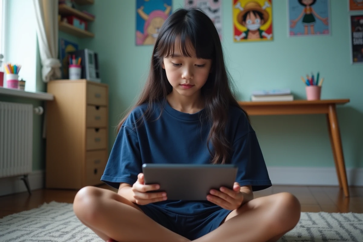 Adolescente fan de One Piece lisant le scan sur une tablette dans sa chambre décorée de posters du manga