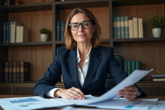 Femme d'affaires en bureau analysant des rapports économiques