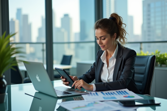 Femme d'affaires utilisant une tablette dans un bureau lumineux