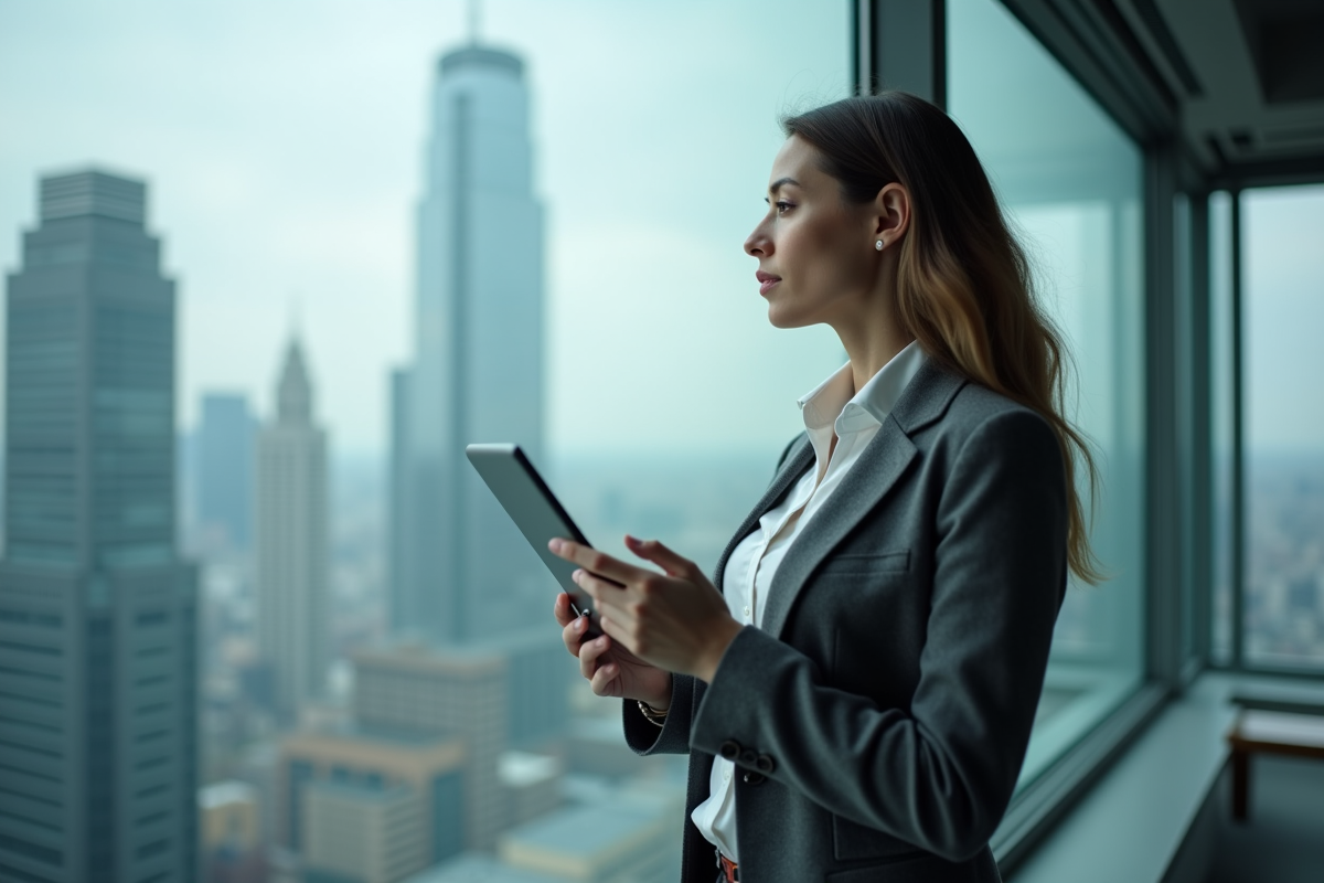 Femme analyste cybersécurité regardant la ville par la fenêtre