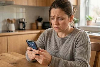 Femme regardant un appel entrant d'un numéro inconnu avec indicatif 33 3 77 sur son smartphone dans une cuisine moderne