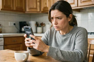 Femme regardant avec méfiance un numéro de téléphone inconnu sur son smartphone dans une cuisine