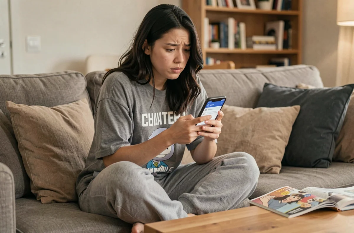 Jeune femme consultant l'application Discord sur smartphone à la recherche d'une communauté de scans manga