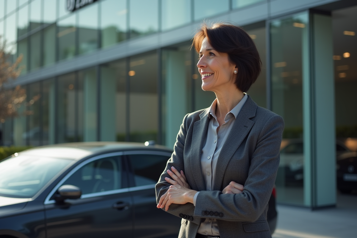 Femme professionnelle devant une voiture lors d